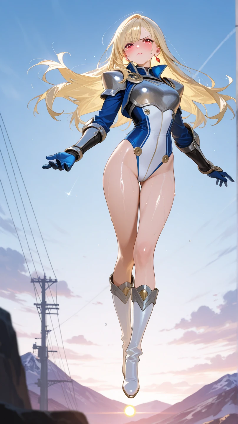 "Complete art masterpiece, high quality, ultra detailed in 4k, 8k, high resolution, hyper-realistic photo, hyper-detailed, realistic skin texture, amazing shadows, extremely detailed texture, perfect lighting, high-level image quality." A female heroine, (Fair skin, blond hair, outlined eyes, outlined face, bracelet, Full body), wearing a one-piece superhero costume, flying over the Edge of a building