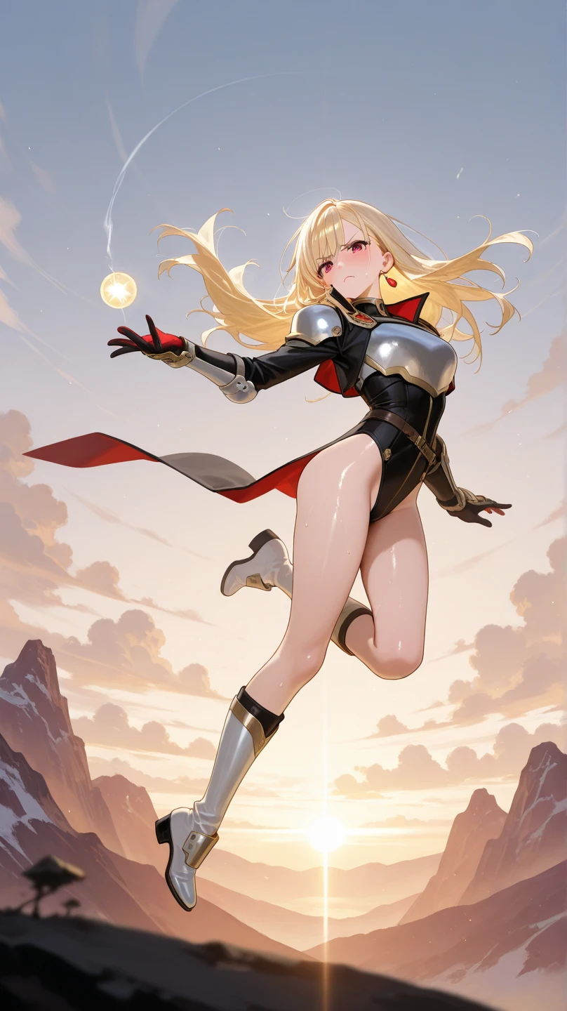 (masterpiece), best quality, highly detailed, detailed background, cinematic lighting, outdoor, 1girl, medium hair, medium breasts, leotard, bare legs, match boots, gloves, light particles, wind particles, wind swirls, superhero, twirl, powering up, spinning tornado, light swirls, aura