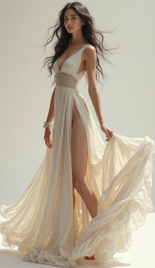 best quality,realistic,full body,"woman with a split dress","beautiful detailed eyes","soft and delicate skin","long flowing hair","elegant and graceful pose","subtle lighting","subtle background","","vivid colors" very slutty 