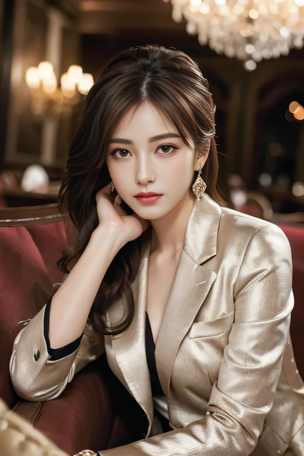 masterpiece, Highest quality, Realistic, Very detailed, Finer details, High resolution, 8k wallpaper, One beautiful woman,Wear a nice suit, In a great restaurant, At night, Light brown messy hair, Perfect dynamic composition, Beautiful and beautiful eyes、Big earrings、Sit on a chair