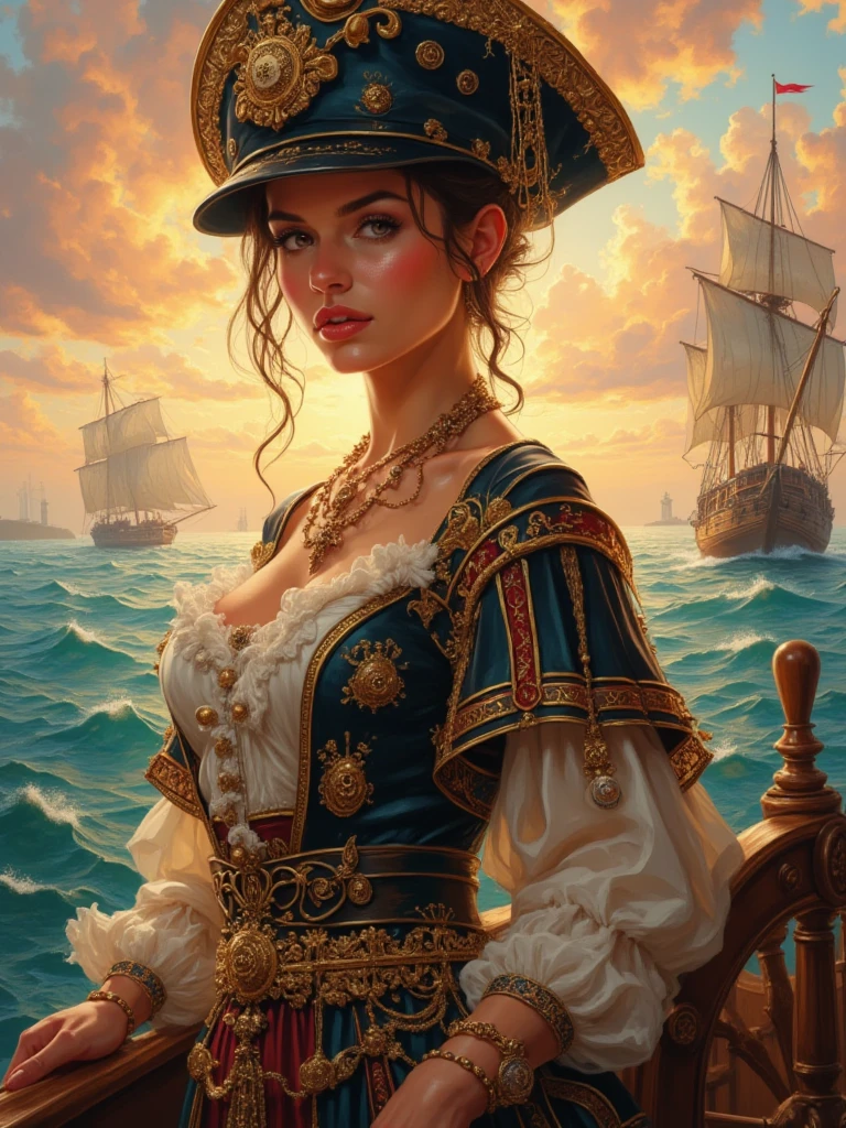tonalist style score_9, score_8_up, score_7_up, score_6_up, vibrant, source_photo, realistic, the image presents a female character who appears to be a pirate, as suggested by her attire and the ship she's on. she has long dark hair styled in an elegant updo, adorned with a red headscarf. her outfit consists of a purple dress with puffy sleeves, complemented by a black necklace and matching earrings. the setting is nighttime at sea, where the ship she stands on is lit by lanterns. in the distance, another sailboat can be seen, adding to the nautical theme of the scene., colorful city background . muted colors, atmospheric, moody, highly detailed