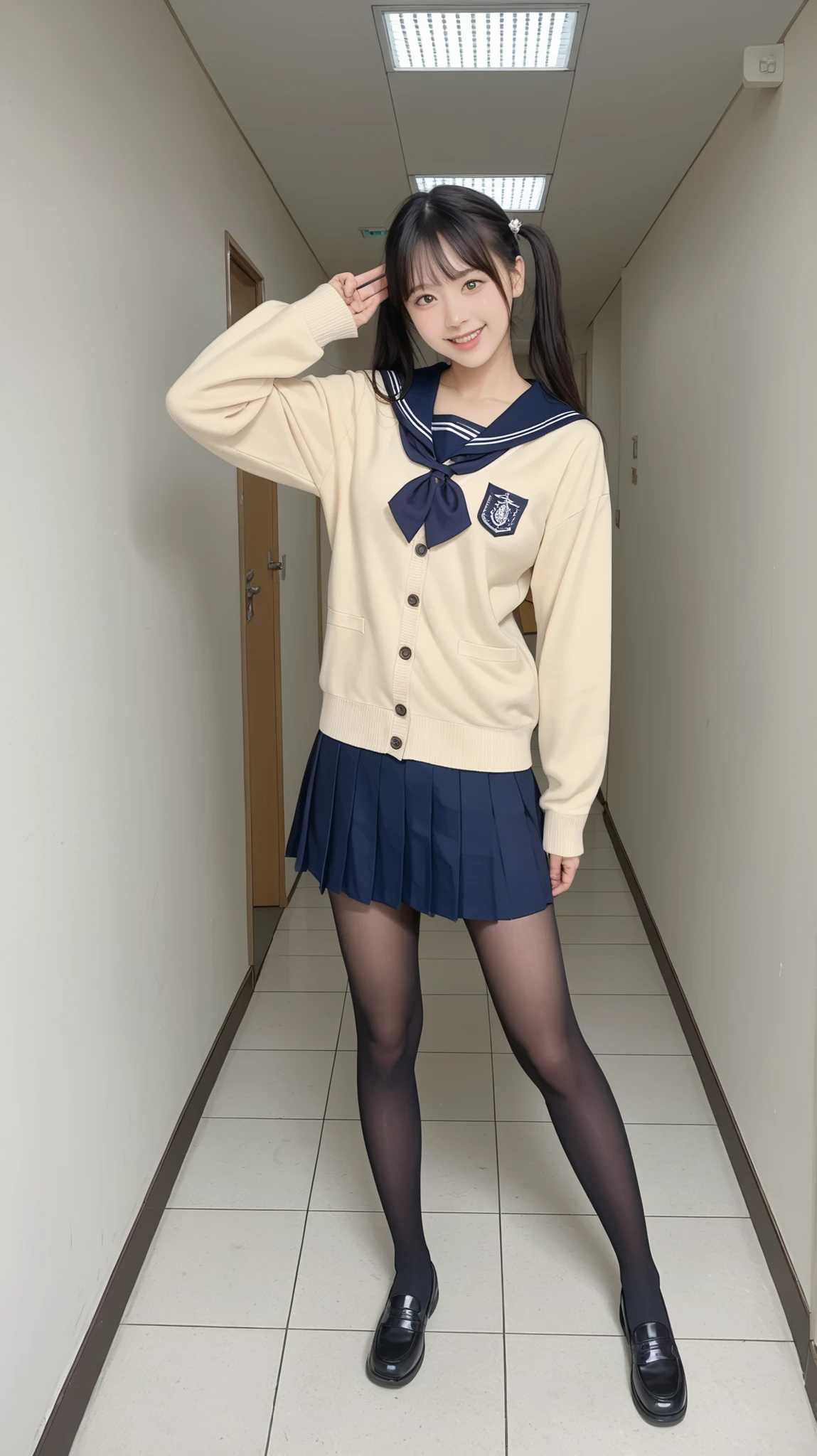 A Japanese high school girl dancing in a hallway of a school building. She is wearing a traditional navy blue sailor-style school uniform . Over her uniform, she wears a loose beige cardigan that gives a cozy and casual look. She also wears black tights and black shoes. Her long black hair is twintail, and her expression is soft and slightly smiling, with her eyes gently closed, suggesting she is enjoying the moment. Her pose is dynamic, with one arm raised and the other on her hip, mid-motion, as if she is performing a dance routine for a TikTok video. The background shows a clean school corridor with tiled floors and soft, natural lighting