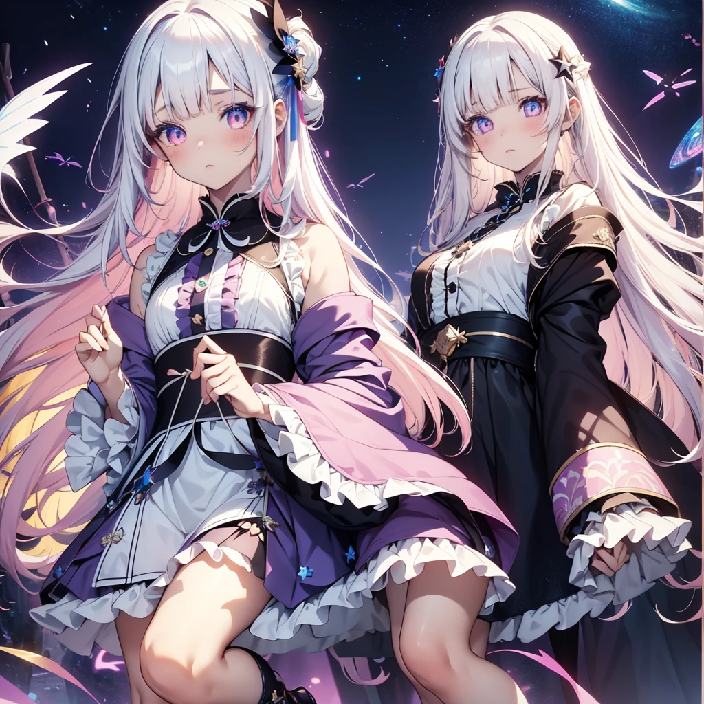 (Best image quality)、(Super detailed)、(Look forward)、Highest quality、masterpiece、(((1 person)))、Silver Hair、Gray Hair、((Long Hair))、(Iris:1.6)、Sparkly Effect Card Dress, Twin tails, Character portrait, Smiling, white long skirt, fluffy 