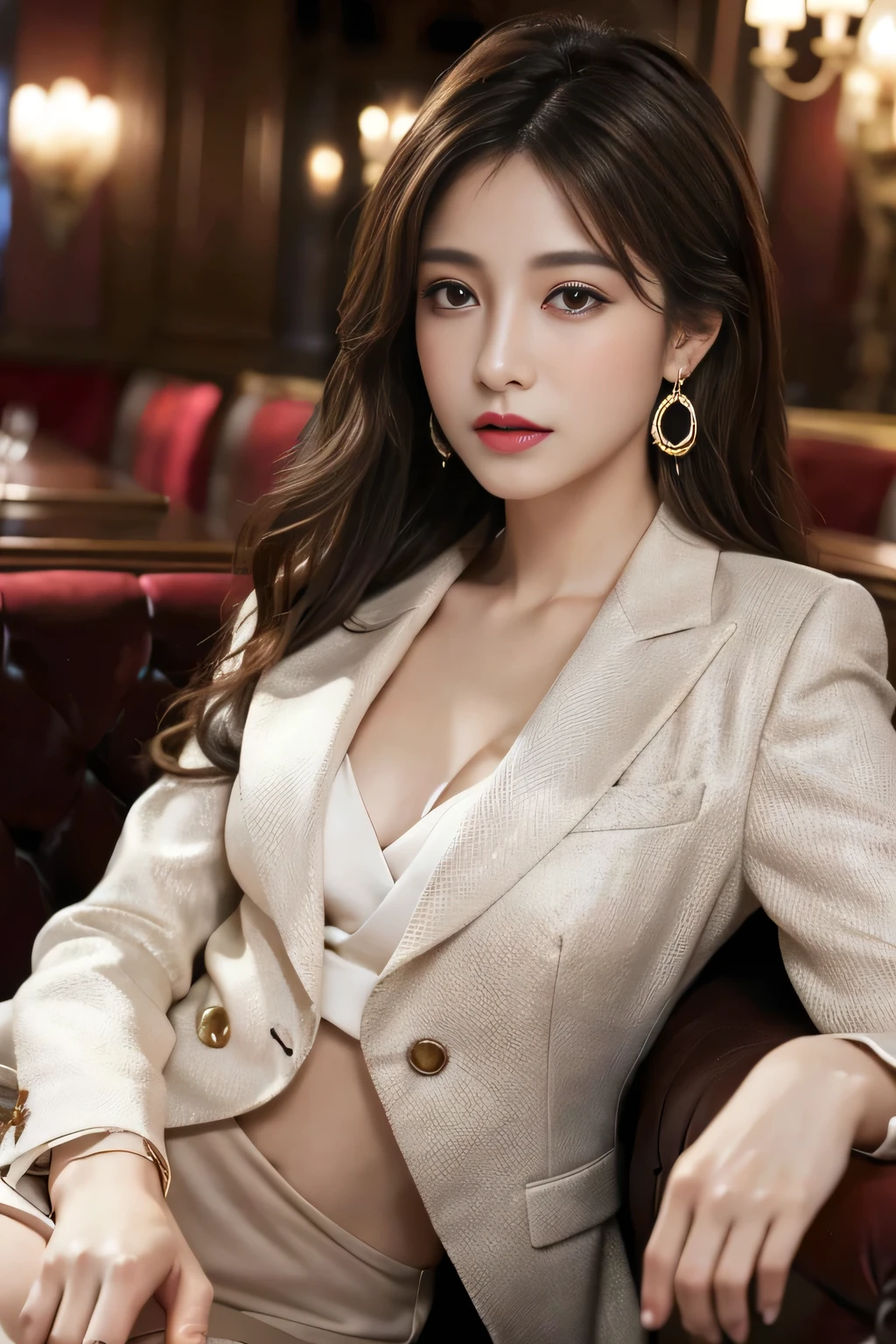 masterpiece, Highest quality, Realistic, Very detailed, Finer details, High resolution, 8k wallpaper, One beautiful woman, Wear a nice suit, In a great restaurant, At night, Light brown messy hair, Perfect dynamic composition, Beautiful and beautiful eyes、Big earrings、Sit on a chair、