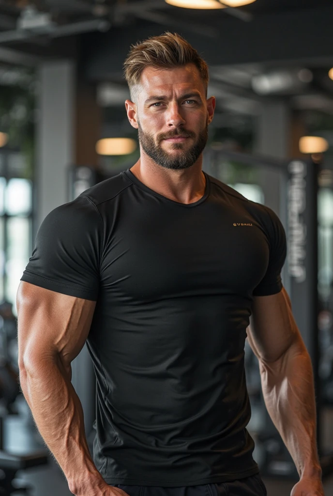 a very handsome adult man with blue eyes, with Mid fade haircut, massively muscular, with massively large muscles, with muscular body, wearing a dark gray shirt, unposed, seen up close