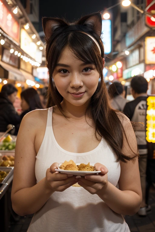 Lively night market. The woman is wearing casual clothes, Carry snacks, Her face is full of joy and contentment.