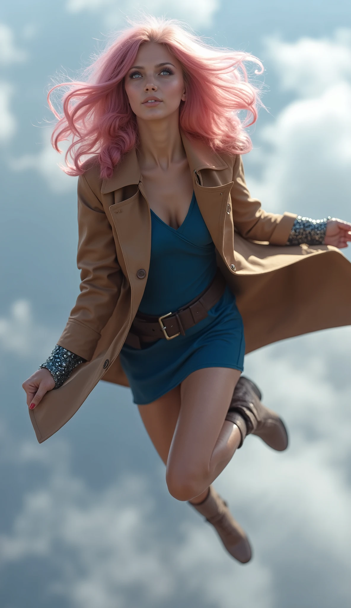 A stunning young woman, her face a delicate oval, framed by cascading long, curly pink hair. Slender eyebrows arch over crystal-clear eyes that hold a captivatingly dazed yet innocent gaze; fair skin. She wears a knee-length, tight-fitting, short-sleeved brown leather trench coat over a blue, form-fitting mini dress. Intricate metal bracers, blending sci-fi and ancient civilization motifs, adorn her hands. Fair, long legs in stylish leather boots. She leaps and soars with elegant power through an ethereal expanse of swirling clouds and mist. A fantasy-western ranger character.
Art Style: A breathtaking fusion of heroic fantasy illustration and classic Western romanticism, rendered with the polish of high-end concept art. Dramatic chiaroscuro lighting, rich textures, exceptionally detailed character design, perfect human anatomy, ensuring five fingers on each hand. Cinematic, award-winning, imaginative realism, volumetric mist.