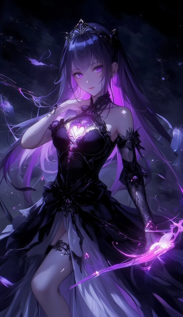Esoteric arachnids lady, Spider Queen Elise, League of Legends, Esoteric arachnids, Combat Stance, ( The body is made of metallic mauve and metallic black liquid metallic paint.、It beautifully depicts the female form.。), Long, sharp fangs, nature, ((Complex metallic colors in the foreground)), (( Fluid Mechanics, The most beautiful smooth scale face makeup, Smirking expression)) - Dark blood, Onyxia、Noir painting of a beautiful young witch, Long purple hair, dark purple lips, evil, evil female, smile, Black Prom Dress, She is coming to you, close, Bright Blue Eyes, Surrounded by swirling pink smoke, Genuine, High detail, Highest quality
