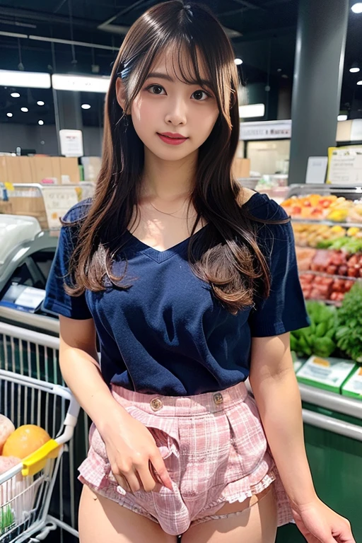 (((full bodyesbian)))、((Girls' High School Uniforms))、((1a person))、Close to the subject、((a chool buildings)))、(((ssmile)))、(((Girls' High School)))、((a beauty girl))、((cute sexy pose))、Photorealsitic、Beautiful detailed eyes、Hyper-Realism、highcontrast、Ultra HD、realistic skin textures、Top image quality、top-quality、Caucasian woman、dark blonde、blue eyes、long hair、setting hair、Her hair is loosely braided and falls over her shoulders.、smile、accessories on the wrist、Slender but well-proportioned muscular body、smile、big chest、smile、be tall、wearing sandals、I'm shopping at a nearby supermarket.、Pushing cart、no panty no bra、NSFW,