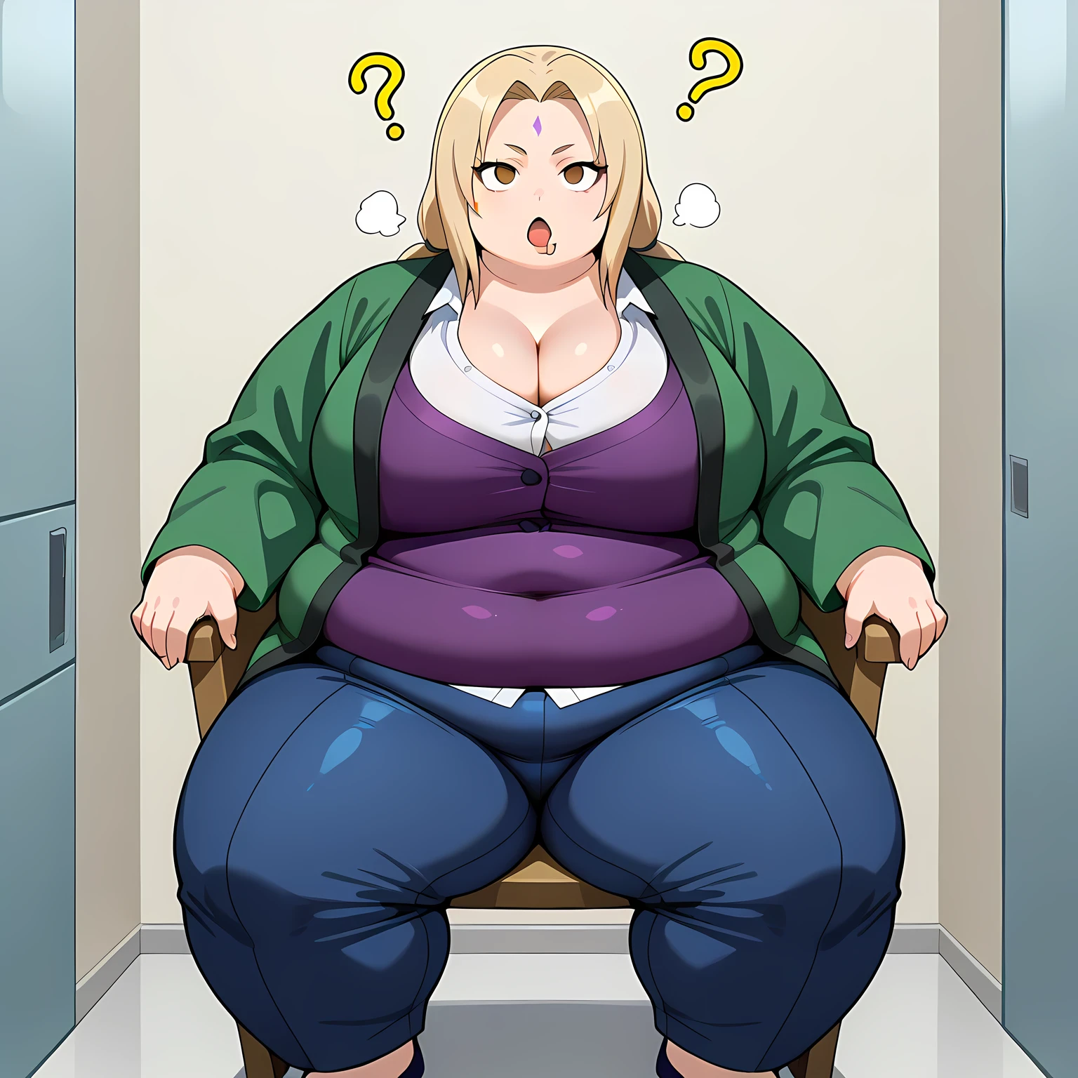 score_9,score_8_up, score_7_up, source_anime, rating_questionable, 1girl, solo, sl0uch1ng, tsunade, sitting ,chair, empty_eyes, blank_stare, empty_stare, drool, hypnosis, fat, chubby, obese, gigantic arms and legs, large breasts open mouth, out of breath