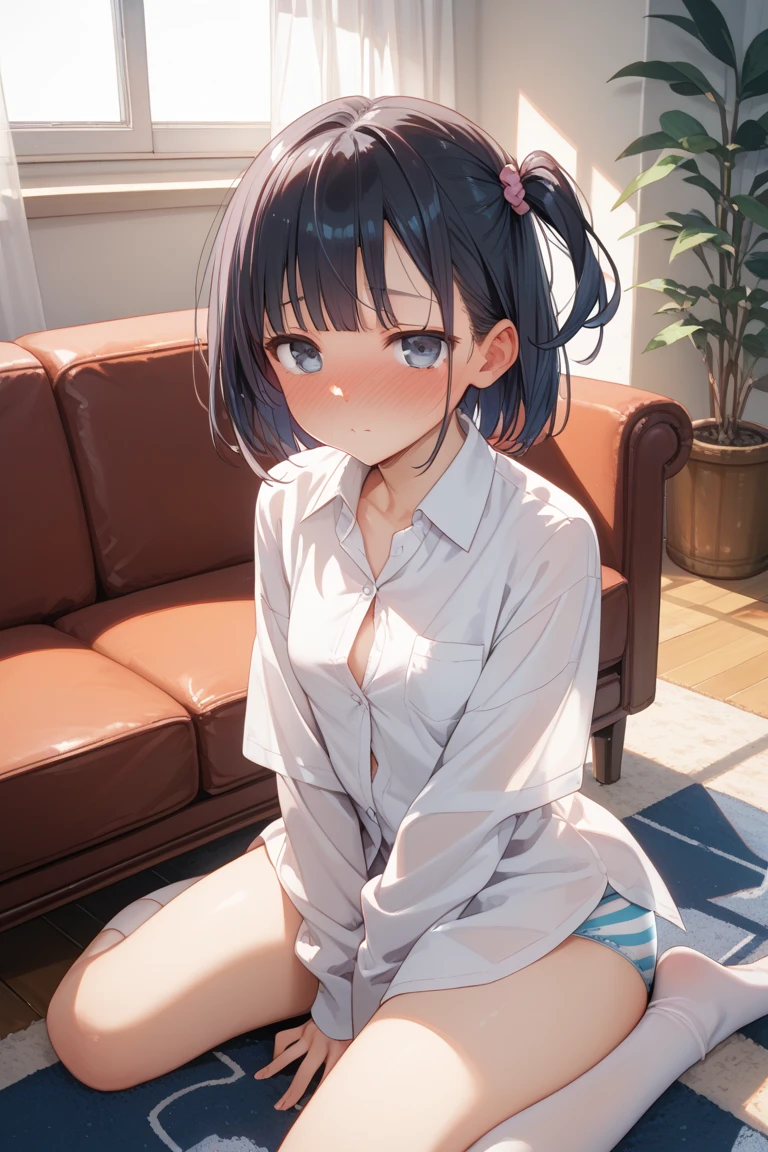 ((Short white T-shirt)), ((Wearing navy blue bloomers)), Very detailed clarity, (beautiful girl, Delicate girl:1.3), (12 years old:1.3), (Symmetrical eyes:1.3)(Browsing Caution)), ((Erect nipples)), Girls with nipples, Japanese, , short hair, Fair skin, Glowing Skin, (((Spread your legs))), (Sweaty skin), ((Short white T-shirt)), ((Wearing navy blue bloomers)), locker room, Cute pose, (masterpiece, Highest quality, Very detailed, Detailed face, 8k)