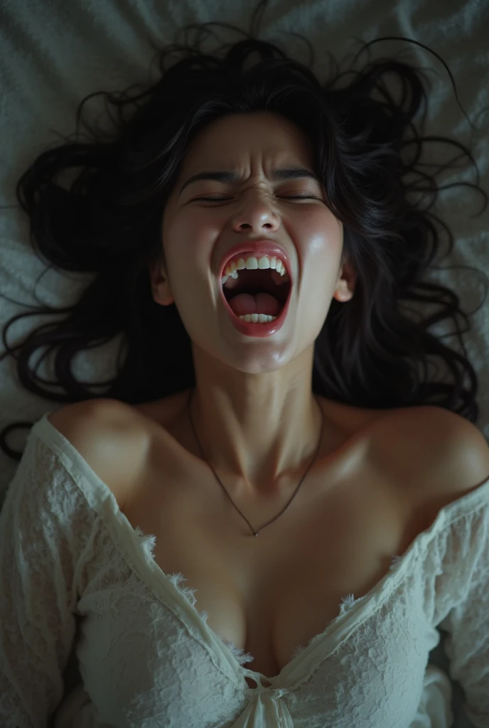 a Indonesian woman laying in bed with her eyes closed, dynamic wavy hair, a woman laying down with her eyes closed, a stock photo, tumblr, large gaping mouth, close up of woman, high angle view, dreaming of kissing a girl, vibrating, spit flying from mouth, attractive young woman, wearing choker, close up angle