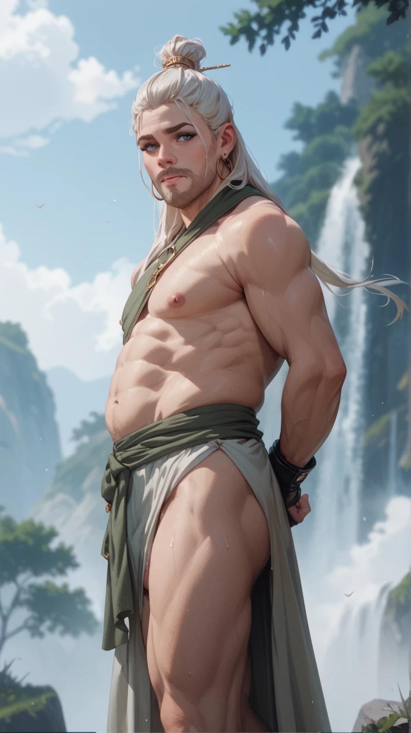 solo (Old Gandalf) naked, nude, (Bearded, wise, old man), muscular ,hairy, bearded (standing, full length portrait, three-quarter view, looking at viewer, showing his big hairy penis),perfect penis,muscular penis, (drops of cum dripping from his penis), (Paradise, nature, plant, flower, water, sunlight, glowing white light:1.25)