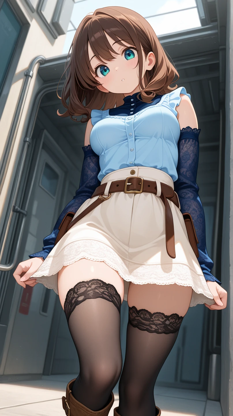 A young girl sitting on a train seat looking down at a man、1girl、((looking at foot))、(Little Girl)、Young face、(seductive grin)、Messy Hair、Twin tails、Blonde、(Forehead), (((cute lace panties)))、Short One Piece Dresses、Small breasts, ((skirt lift by myself)), Sandals、(((in train)))、Thighs、((sexy))、(((footjob))), ((Angle from below)), sitting on seat in train, Lifting her skirt to show her panties、