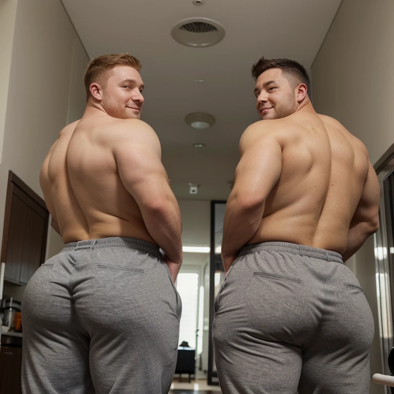 Male, redhead, shirtless, fat ass, grey sweatpants, tight pants, muscular ass, huge butt, comically large butt, big butt, fat man booty, man, short hair, looking back at camera, smiling, big fat booty, bubble butt, big man butt, male bubble butt