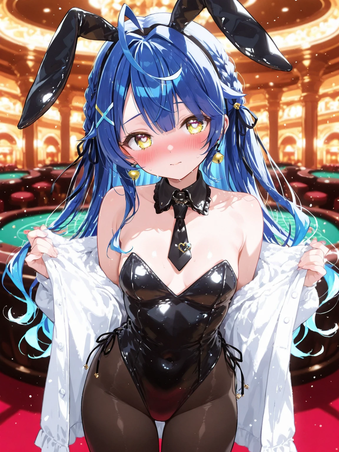 NSFW,masterpiece,Highest quality,High resolution,Super detailed,Shiro \(no game No life\),Long Hair,Multicolored Hair,Hair between the eyes,Gradient Hair,Yellow Eyes,Flat Chest,Bunny ears,Playboy Bunny,casino,Embarrassed,blush,Leg spread