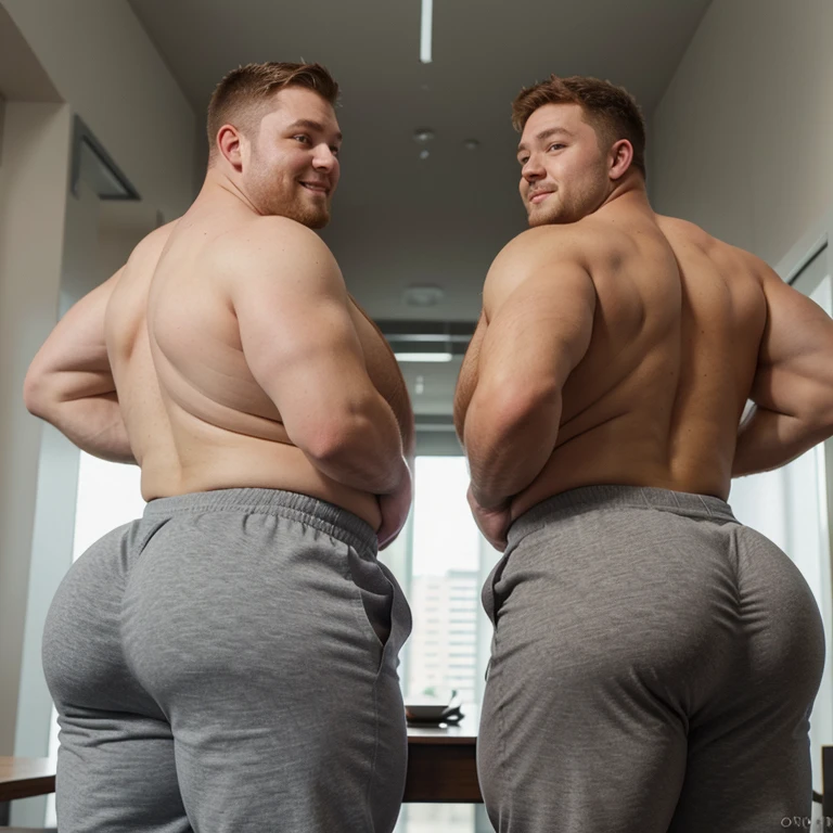 Two Males, rubbing their fat butts together, redhead, shirtless, fat ass, grey sweatpants, tight pants, muscular ass, huge butt, comically large butt, big butt, fat man booty, man, short hair, looking back at camera, smiling, big fat booty, rubbing ass, bubble butt, big man butt, male bubble butt, fat man ass, round butt, big butt, full butt, juicy butt, wide butt, fat butt cheeks, big buttcheeks, muscular legs, filled grey sweatpants, ginger hair, thick ass, thicc, thick butt, man with fat ass, male, man, athletic man, jock, jock with big butt, jockstrap, big bulge, rubbing butts