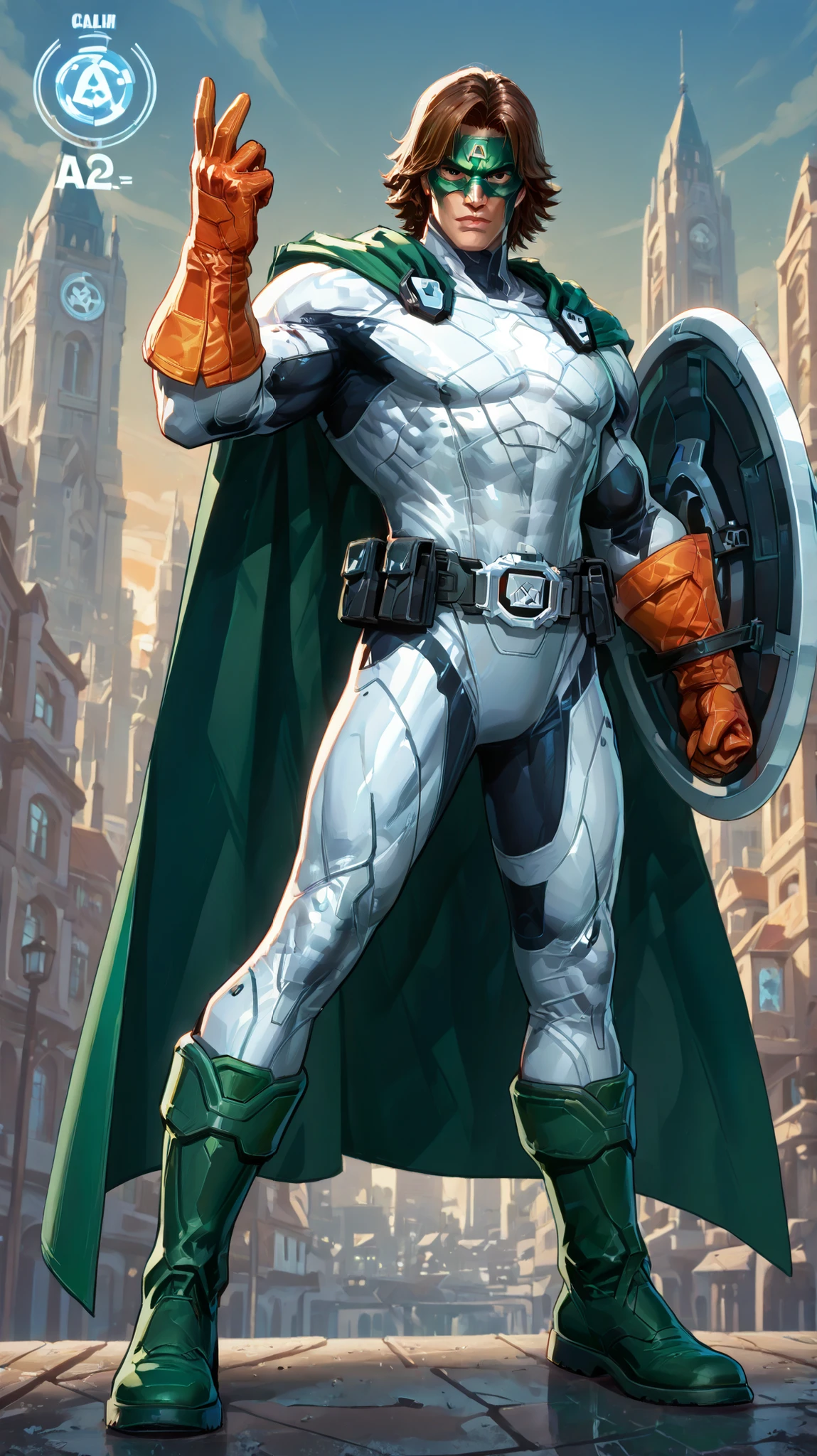 high quality, 8K Ultra HD, A 2.5D sony animation style 30 years old indian superhero character standing in a dynamic pose, handsome face, nice brown haircut, bright black eyes, calm, wearing a white thick kevlar bodysuit with a half orange and half green mask. He's wearing a half orange and half green cape. Protecting himself through a green colour triangular shield with one big orange stripe horizontally aligned on the shield with blue circular emblem, black utility belt with round emblem, orange colour gloves and green boots, muscular and ripped tall body, fair white skin, city background at daylight