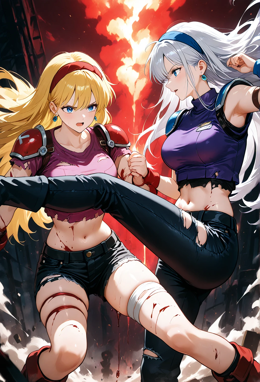 anime waifu bodybuilder, cute face, debatalho face, extremely detailed eyes, knight character, green eyes, perfect body, fit body, looking at the sword, character holding a sword, abdomen, large breasts, muscular, ((hair) long and blonde), sarashi white chest, sarashi, underboob, breasts bandages, arm bandages (insanely detailed, beautiful detailed face, masterpiece, best quality), (looking disgusted), konosuba, character A2,  (white and torn bandages on the arms and legs), image taken from above, camera away, image with focus on the sword, high quality, white light clothing, sweat splattering, character on guard with sword, knight pose, sword with sharp blade with brightness