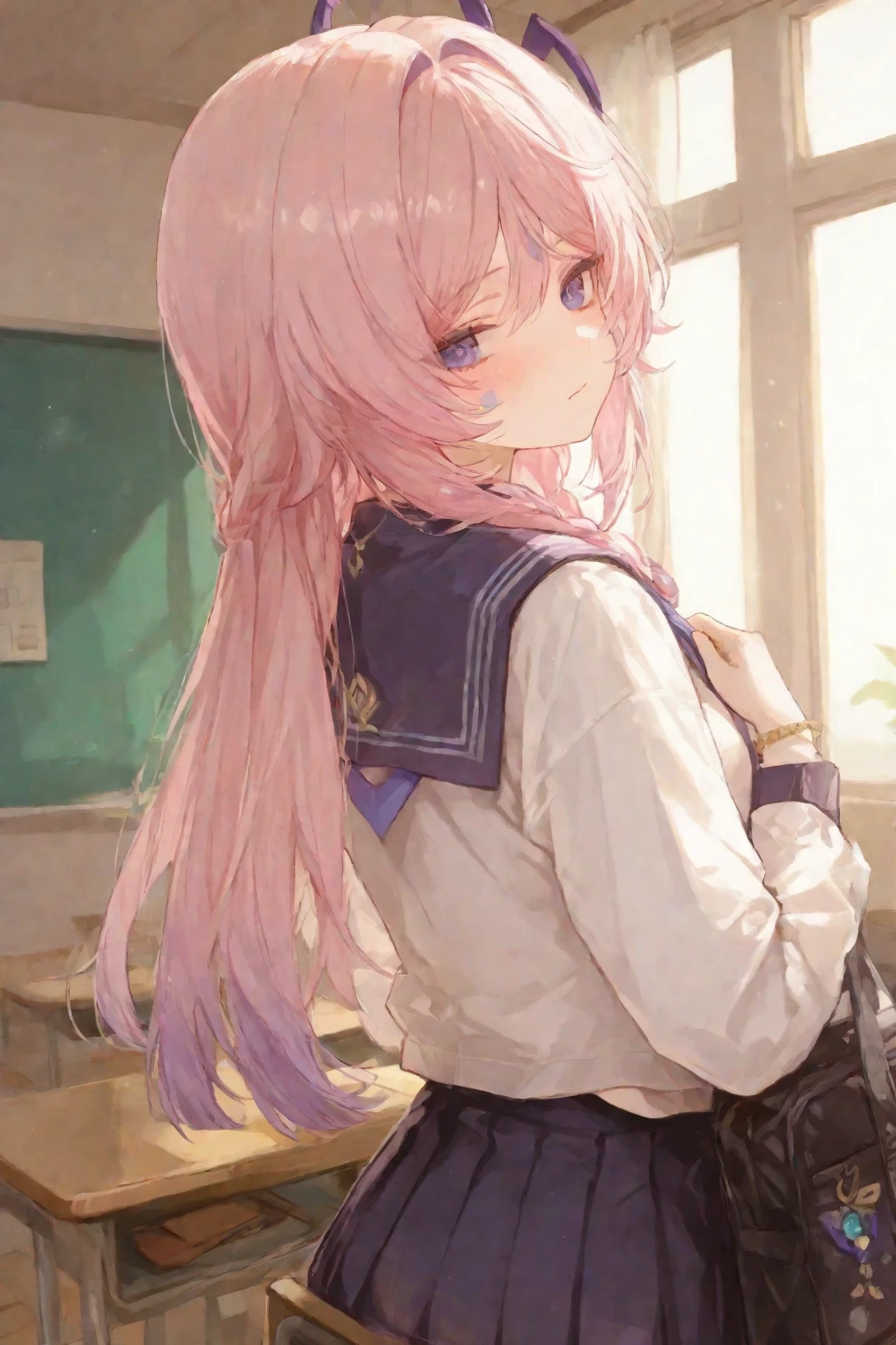 Beautiful illustrations, highest quality, (:1.4)、(pretty girl:1.5)、、Flat Chest、Sailor collar、(White long tunic)、Long sleeve sailor suit、Blue-line cuffs、(Pink Chino Shorts:1.7)、(Pink shorts with wide openings:1.6)、The gap between the thighs and the shorts、Thin thighs、White socks、 Cinema Lighting, (Pink Long Hair)、Pink Straight Hair、Redness on the cheeks、(Braiding of the back of the head)