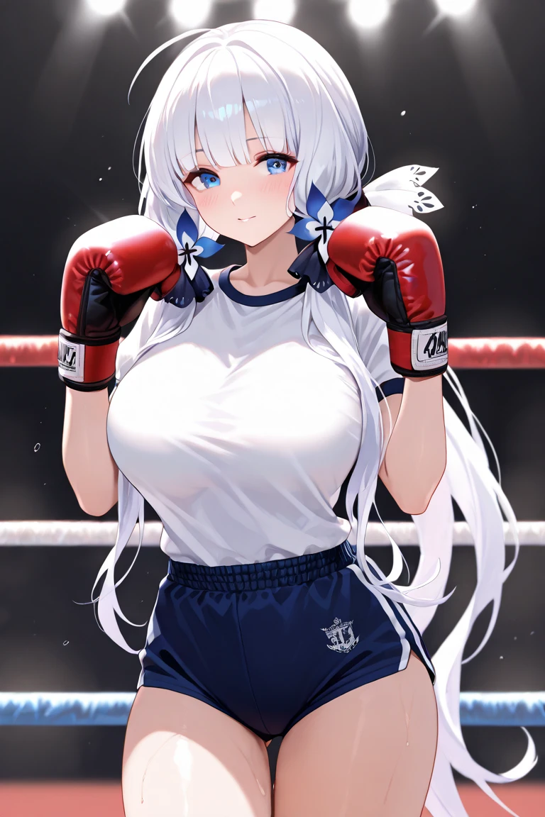 A slim and beautiful girl boxer,Good shape,Pretty Face,detailed picture, blush,White long hair,Wearing a white strapless sports bra,miniskirt,Black garter stockings,high-heel boots,Wearing black boxing gloves,Wearing black sleeves,Perform standing boxing moves alone in the boxing ring,Large Breasts,Cleavage,Thin legs,nipple,