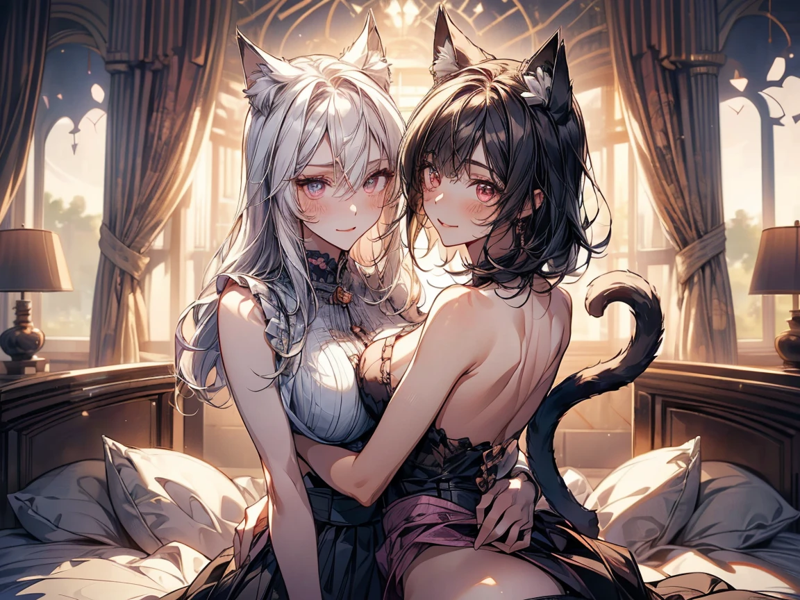 Darkness, 2 girls ,back view, (1 girl from behind), big round butt, blond hair, blond catgirl ears, catgirls, green eyes, godess, sitting ,posing, beautiful, detailed skin, hour glass figure, revealing clothing, jewelry, collar, white stockings, lace, halterneck, skin tight white dress, silk, (Wedding dress), (transparent clothing), detailed hands, perfect quality, good quality, masterpiece, HDR, UHD, ((light smile:1.1)),lustful gaze, smiling, sweaty, holy light, halo, steamy atmosphere, ale, ale kegs, beer, party