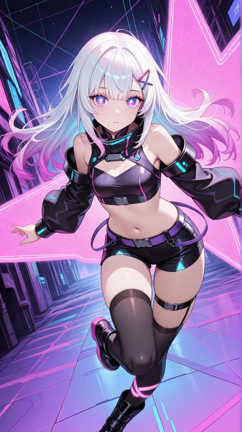 Create Lucy grom the anime series Ninja Slayer as a young woman with a striking appearance, featuring long, lavender-colored hair and vibrant purple eyes. Lucy typically wears a revealing and provocative outfit, consisting of a purple bikini top, short black shorts, thigh-high stockings, and thigh-high black boots. Her attire showcases her confident and assertive personality.masterpiece, best quality, highres, absurdres, ultra-detailed:1.3), 1girl, (tron, cyberspace, techno, cy, pink and cyan neon light rays, iridescent, holographic, hdr: 1.6), (prpdef1, cowboy shot:1.3),