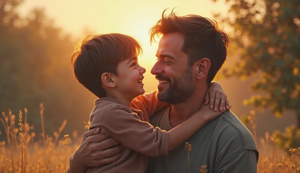 Man happily hugging a child 