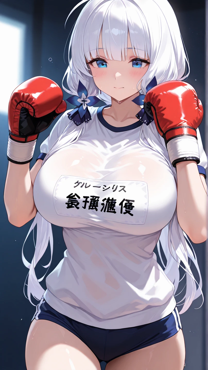 (((masterpiece))),(((best quality))),(ultra-detailed,high resolution:1.2),(illustration),((an extremely delicate and beautiful)),(detailed background), ((((hug from behind)))), (sex from behind, standing sex), ((((motion lines)))), vulgarity, (((wrestling ring))), ((1girl)and(1muscular shota boy)), hetero, (1girl,tall stature),((((Bronya Rand/(Honkai:star rail/)))),official alternate costume, (slender body:1.4), (long hair,drill hair),grey hair,hair between eyes, grey eyes, (large breasts), pale skin,shiny skin, ((((ahegao)))), (rolling eyes:1.4),(trembling), ((She wears dress,white dress, black silk stokings,leggings,black footwear, thigh boots, elbow gloves,black gloves, long sleeves, sleeveless, jewelry,earrings), (cum in pussy:1.4),cum on clothes,cum on breasts,excessive cum, clothing aside, clothed, (1muscular shota boy,tall stature:1.4), (he has hair:1.4), large penis, text,