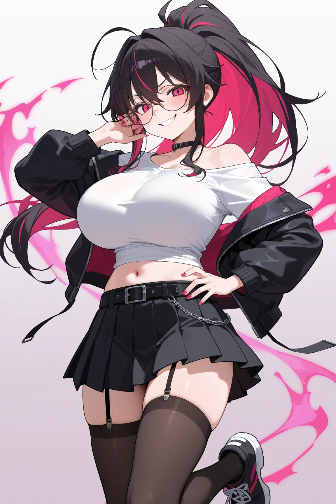 high tail hairstyle, Ponytail hairstyle, Long wavy black hair, standing posing, anime girl style, pixel art anime style,penetrating look with deep eyes,red and purple eyes, hair with a ponytail hairstyle trapped with a big red bun, Women, red hair clips, x color shaped hair clips , smiling face blush,