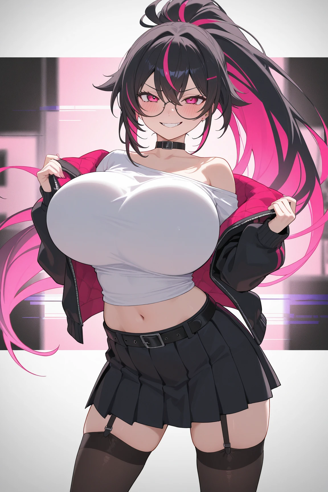 blush, cleavage,, red eyes, red fingerless gloves,glowing aura, natural light, masterpiece, glossy skin, juicy lips ,long hair, cute, kawaii, adorable, reaching up, adult, cuddle, kawaii clothes,random hair style, random clothes, black hair, (((pink streaks in hair))), yellow eyes, ((black hair)), snake, random pose, random background, random action, sexy, hot, nipple slip