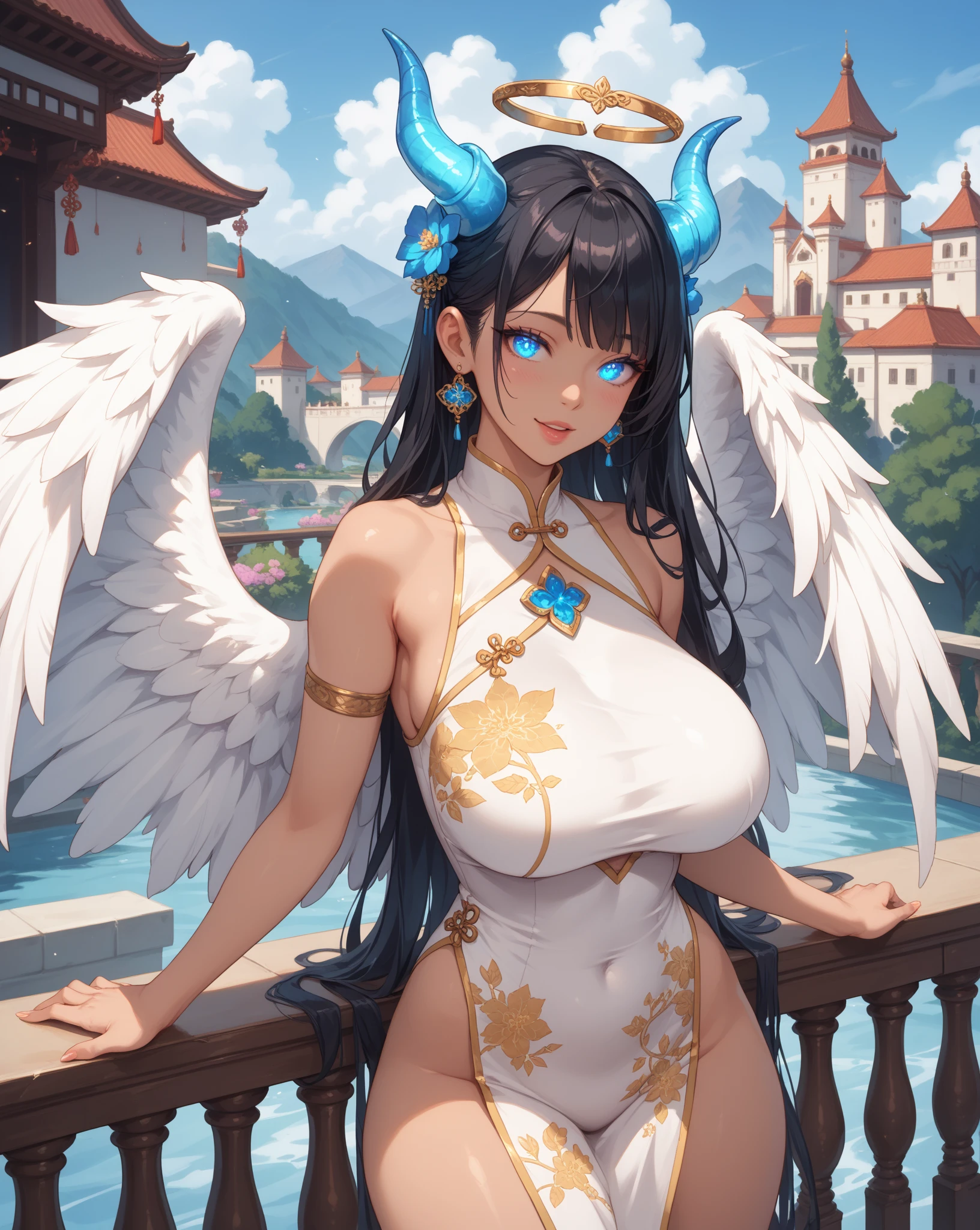 8k, wallpaper of extremely detailed CG unit, masterpiece, high resolution, top-quality, top-quality real texture skin, hyper-realistic, increase the resolution, RAW photos, best quality, highly detailed, the wallpaper, cinematic lighting, ray trace, golden ratio, devil girl, mild smile, female, godly, (in the deep fog:1.3), beautiful black horns, beautiful big black wings, background Peach Blossom Spring, beautiful fog, peach blossom petals, gorgeous lighting, stunning landscape, back Japanese clothing with gold ornaments, yellow eyes, only 1 woman, red skin like a devil,