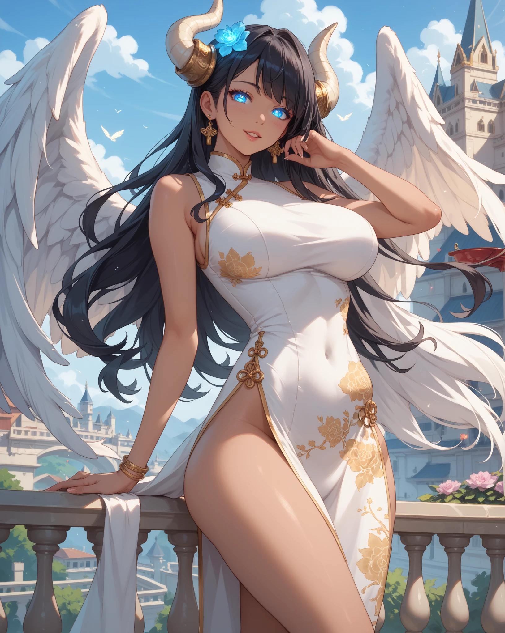 (best quality,8k:1.2,high resolution:1.2),ultra-detalhado,Realistic,vintage godess female,long black straight hair,rosto extremamente detalhado,long eyelashes,big white angel wings,soft dark red dress with gold details,cleavage,suntan pantyhose,metalic accessories,Physically-based rendering,sharp focus,white neutral background