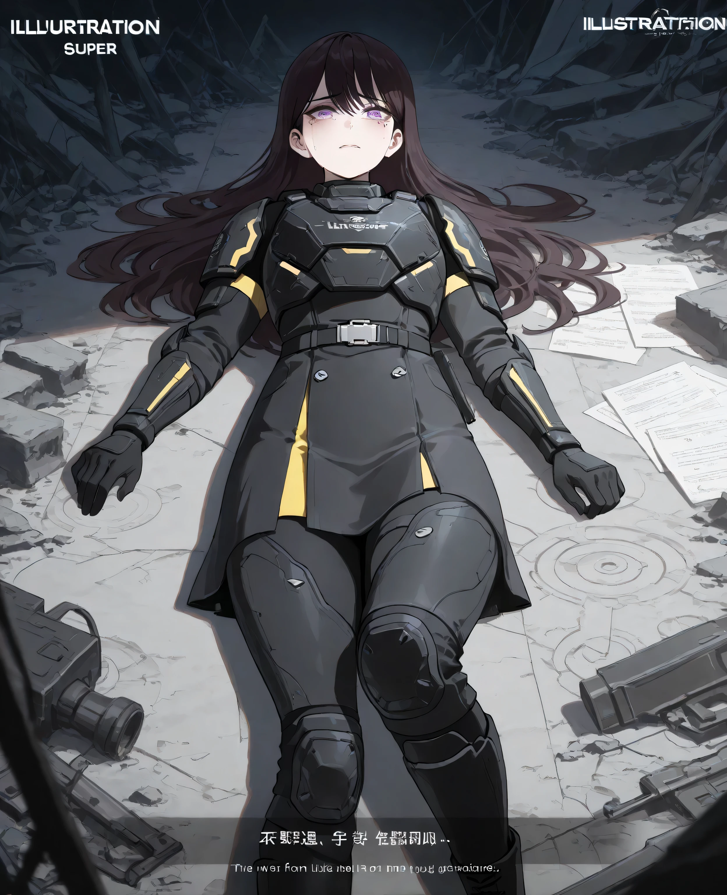 Single,one girl,Mygo,shiina taki, long hair,black hair,purple eyes,mole under eyes,crying, masterpiece, best quality, Amazing quality , Very aesthetic, high resolution, super details, soft, color, absurd, Latest Stunning, Fine face , Beautiful Face, helldiver armor, , black armor with yellow accents , Uniform skirt,belt , boots , gloves , shoulder pads , knee pads , belt , dynamic soft, cinematic soft, Lying in the ruins 1
(Large Digital Artwork), (Detail Cartoon illustration), (Detailed Script), (( perfectly anatomical structure)), ( Detail Complex :1.3), (Super detailed:1.3), ( illustration:1.3), ( focus:1.3), ( natural soft:1.05)