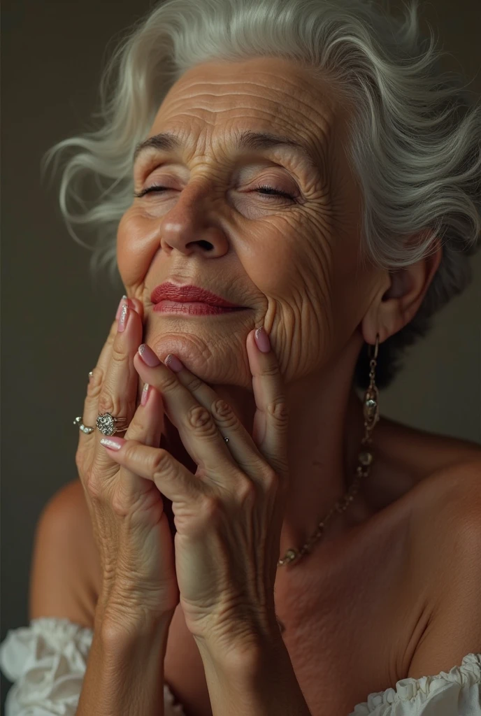 Mature and attractive woman、3 people、bbw、an lingerie、large boob、A smile、masterpiece、top-quality、(((old women)))、70 generations、grandmather、white hair、Gray hair、Elderly women、Alone、4K、smil、undergarment、Sexy Shots、Colossal tits、large full breasts、Women with wrinkles around their eyes、Wrinkles on the skin of the whole body、Wrinkled body、Wrinkled wrists、a bed、FULL BODYSHOT、Photograph the whole body、All the different faces