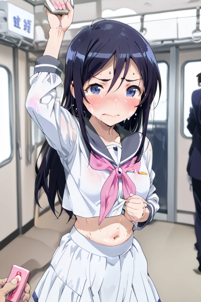 (((masterpiece, Highest quality:1.5,absurdres))),nsfw,after rape,,motion line,25 year old beautiful slave,独奏,((very small head:1.3)),long hair,bangs,(dark blue hair),dark blue eyes,gorgeous eyes,tears,sad,medium breasts,((very long body:1.3)),((toned body,slender body)),skinny,((tan skin:1.5)),gleaming skin,shiny skin,sweat:1.3,White sneakers、creampie,bukkake,naked,nipples,navel、vagina、Black leather collar with chain、handcuffs、subway、Station platform、Lots of passengers、Inside the train、New York City、