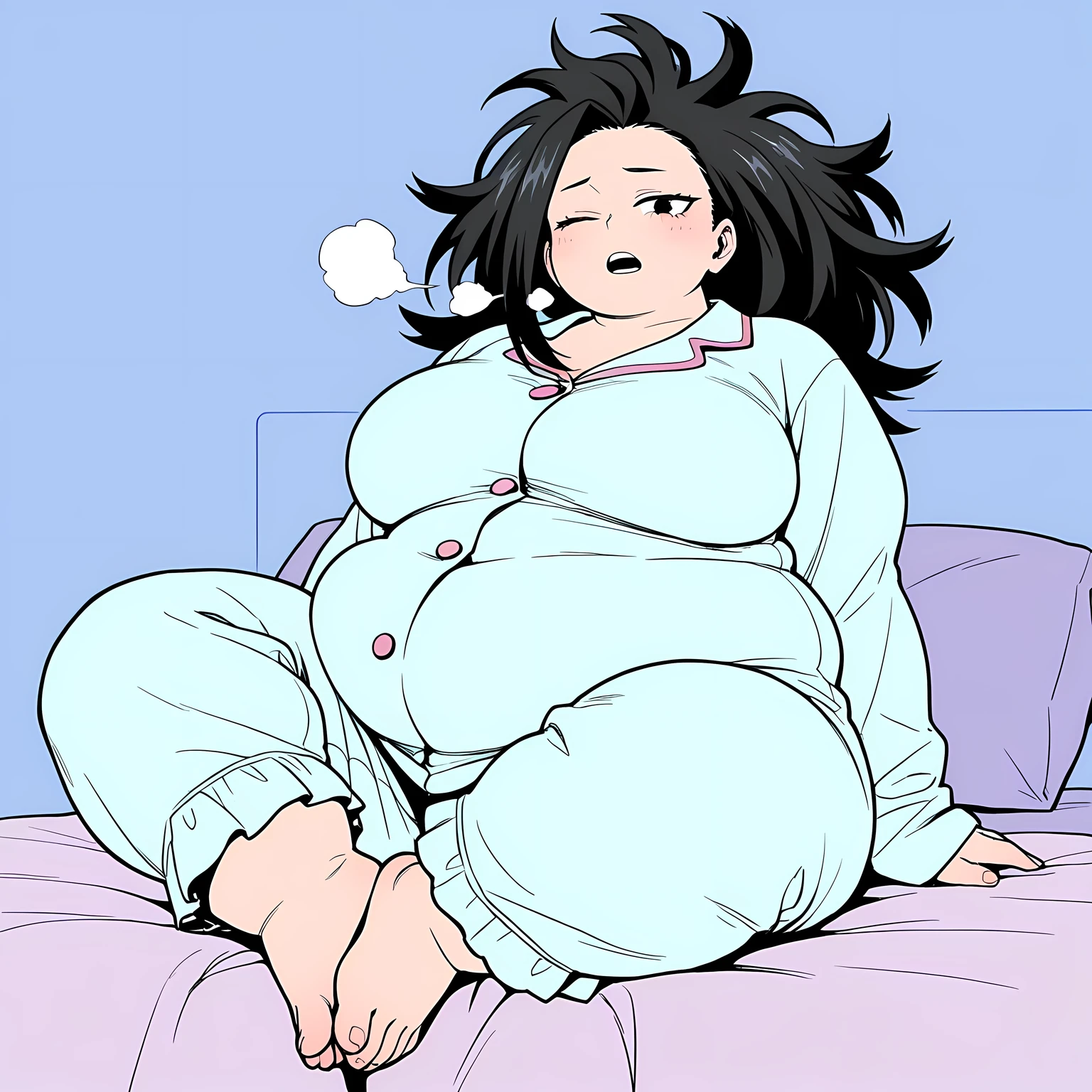 a comic page about a fully pajama wearing 24 year old extremely fat woman adjusting to her first night with her 40 year old busty mother as her second head on her immobile two headed body. She’s clearly uncomfortable with her mother using her now two headed 1200 pound morbidly obese body with her hand under the cover of the blanket as she watches a video on her phone