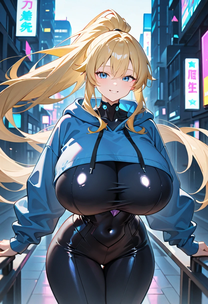 long blond hair, blue eyes, solo, smiling, standing, upper body, hips, gigantic breasts, black clothes