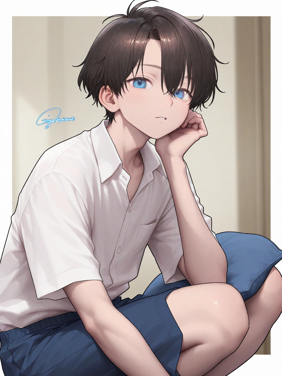 ((A boy)),adorable captivating,in a white shirt,He looked sad,Barefoot,Stand up。The blush gradually rises,Shy, But handsome。The picture style is fresh and ,Rendered like a comic,The lens is shown as a vista,(Anime style+Soft cute),Anatomically correct,Accurate