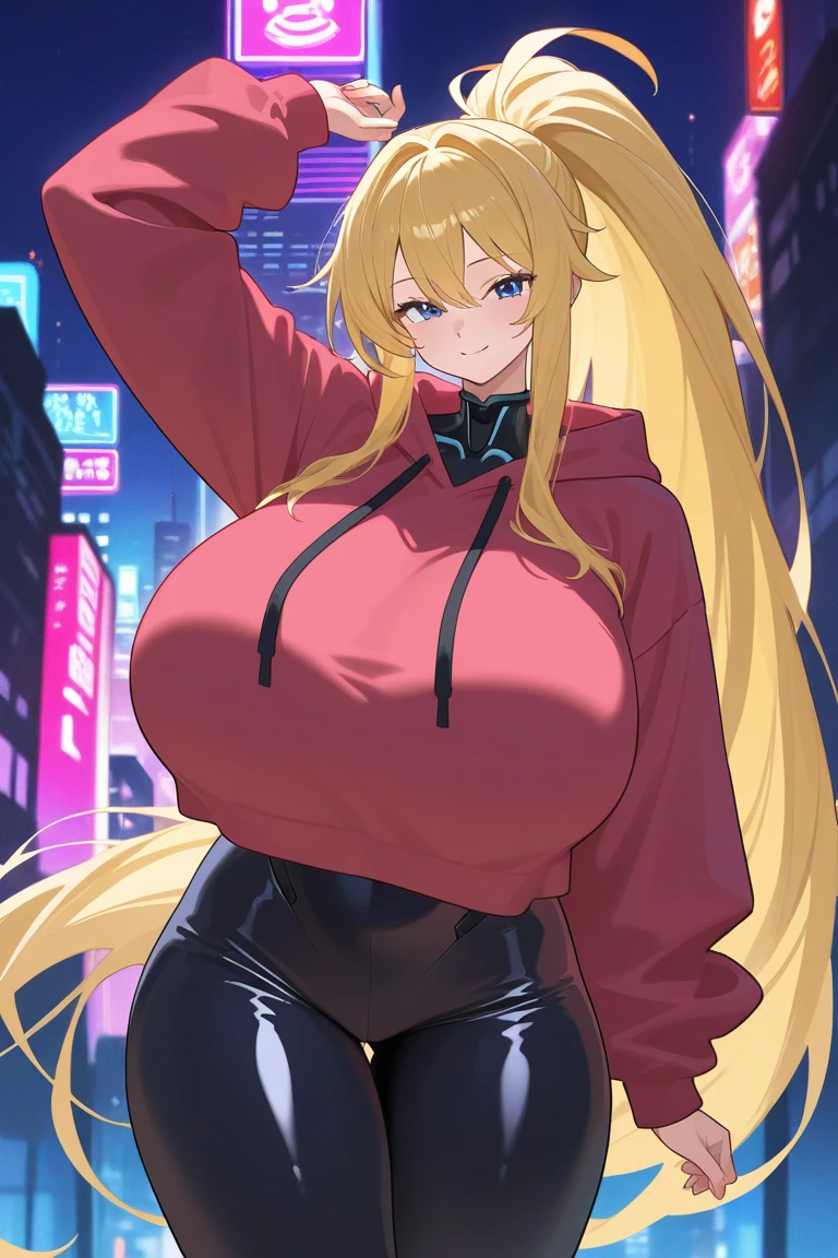 (masterpiece:1.37), best quality, (extremely detailed:1.37), woman, mature, adult, large breasts, very long hair, blonde hair, blue eyes, (extremely detailed eyes:1.37), crop top, cleavage, navel, jeans, open fly, (groin:1.25), desperation, (wetting: self 3.0), standing, city, futuristic, neon lighting, high-tech, street