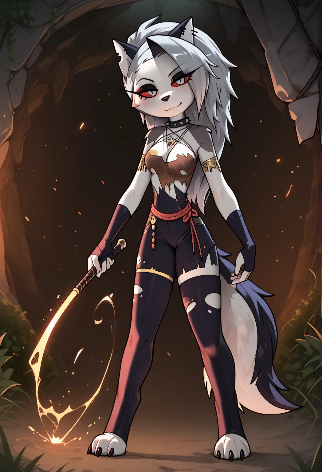 furry girl, wolf, black hair, punk hairstyle, long spiky ponytail, anime style, small breasts, red eyes, ((sandals, shoulder armor, loincloth, vambraces, bikini, neck ring, shin guards, tail ornament, tribal, bikini choker, bikini tribal, tribal headband)), high quality, detailed body, detailed eyes, detailed face, masterpiece, glistening body, detailed body fur, best quality, two tone body, gray fur, clear gray fur, perfect lighting, perfect shadows, perfect eyes, perfect hair, perfect face, gorgeous body, :3, feets with three toes, full body, solo, forest, night sky, magic aura, Action: Magic fight, Magic circle,