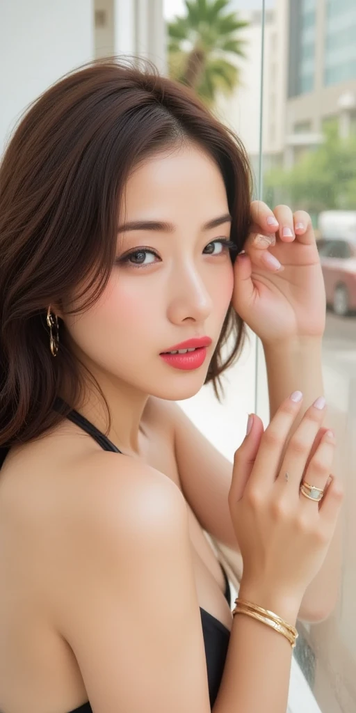 1 girl, very bright backlighting, solo, {beautiful and detailed eyes}, large breasts, calm expression, natural and soft light, hair blown by the breeze, delicate facial features, Blunt bangs, beautiful Russian girl, eye smile, very small earrings, 22yo, ((model pose)), Glamor body type,(colorful hair, Half red and half brown hair:1.2), flim grain, realhands, masterpiece, Best Quality, photorealistic, ultra-detailed, finely detailed, high resolution, brown messy hair, perfect dynamic composition, beautiful detailed eyes, Russian girl,((nervous and embarrassed)),sharp-focus, beautymix, FilmGirl, closed eyes,(to bite one's nails:1.3), (looking upward:1.5),(wearing a black underwear:1.3),(revealing a glimpse of cleavage :1.1),(place your hand on your chin:1.3),sexy pose,facing reality,(in the bedroom:1.4),full body shot