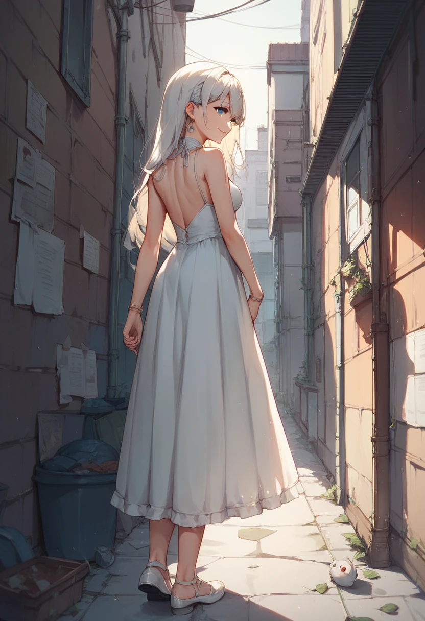 Traduzir textos com a câmera
A beautiful and cute girl, young and short, with long white hair, green eyes, scared, 20th century outfit, one girl