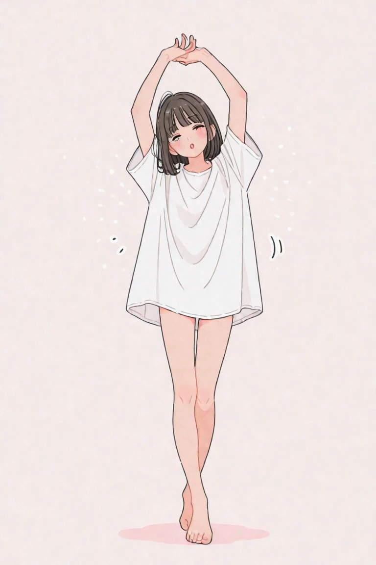 full body, white one shoulder baggy t-shirt, nude, Rubbing one's eyes, Stanging, bed head, white background, 気だるげ,