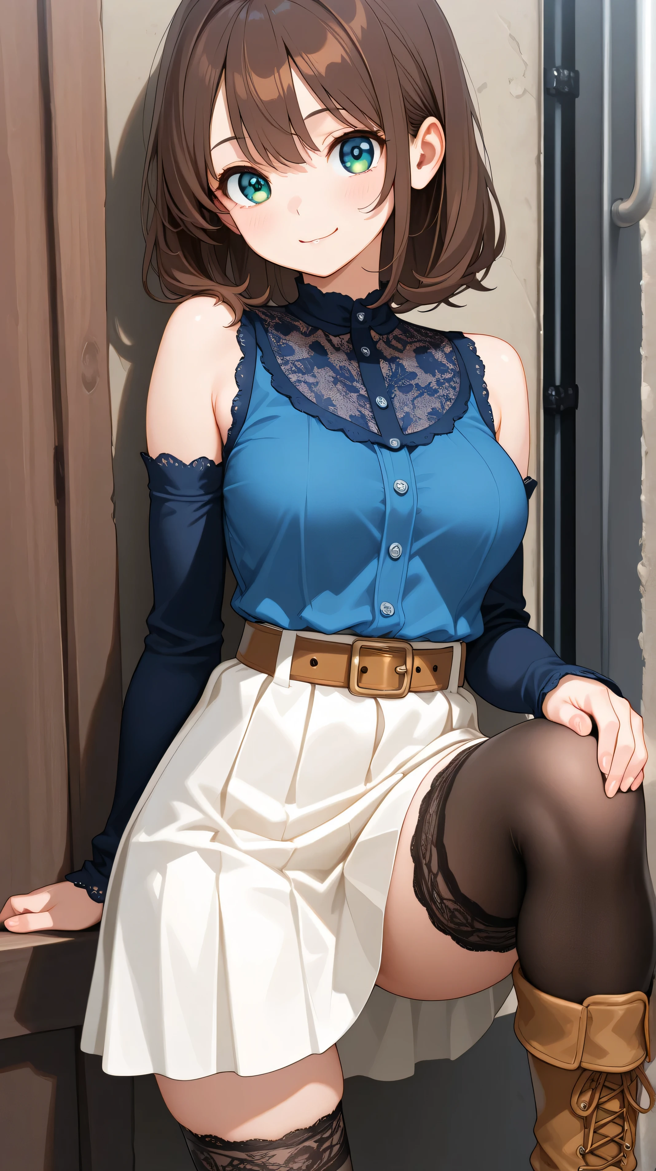 Masterpiece, woman, long brown hair, cyan eyes, medium breasts, blue blouse with lace black sleeves, white skirt, black thigh-high stockings, belt with, small brown adventure boots, traveling
