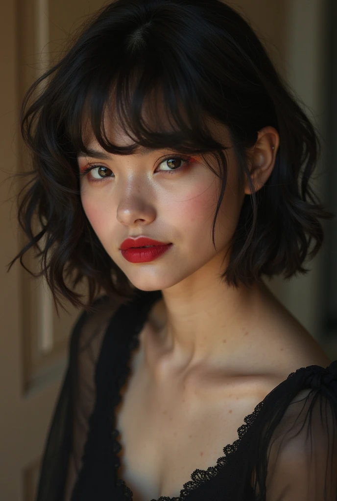 photo of a mixed-race Brazilian woman, wearing a red dress, black hair, very dark black eyes, flirting, looking at the camera, red lipstick, detailed makeup, realistic makeup, (8k UHD: 1.1), (film grain: 1.1), (raw photo: 1.1), full resolution, highly detailed skin, detailed hair, dslr, sharp focus, high definition, high quality photography, intricate, (style, dreamlikeart, redshift style, mdjrny-v4 style: 0.5), anatomical, realistic texture hyper realistic dramatic lighting unrealengine trend on artstation cinestill 800 tungsten, (50mm Sigma f/1.4 ZEISS lens, F1.4, 1/800s, ISO 100, photography: 1.1)