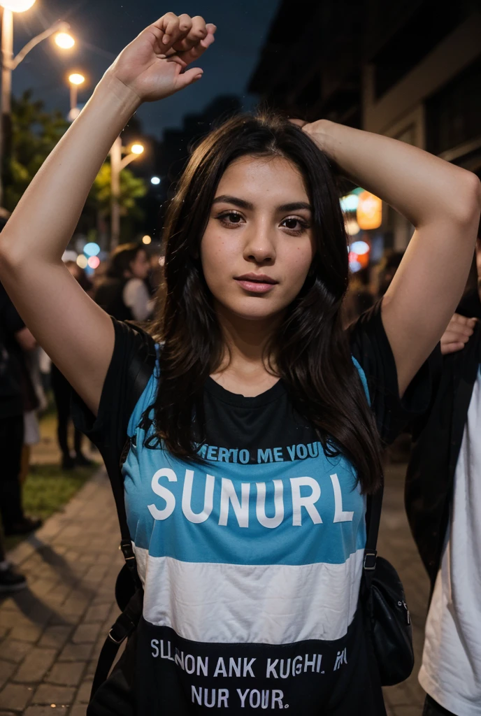 Chica, 18, de pie, parada, camiseta, cuerpo entero, (la mejor calidad), (calidad de manos), (calidad de ojos),((calidad de manos)), noche