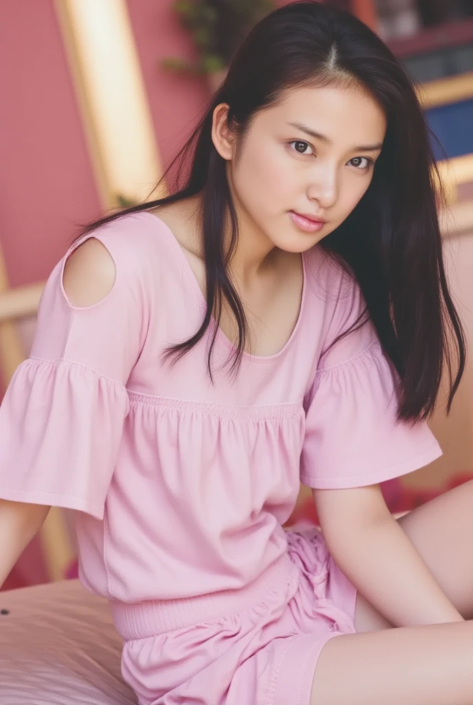 (colored picture), Photo realistic of beautiful asian、slender abs, (Highlight Haircutreast A Cup:1.2), small breast, round shape breast, perfect shape breast,(( )), She should have a serene expression, with large, expressive eyes and rosy lips. The woman is wearing an elegant light pink, off-the-shoulder sweater, with a hint of a black strap visible, set against a soft, neutral background that emphasizes her gentle and stylish appearance