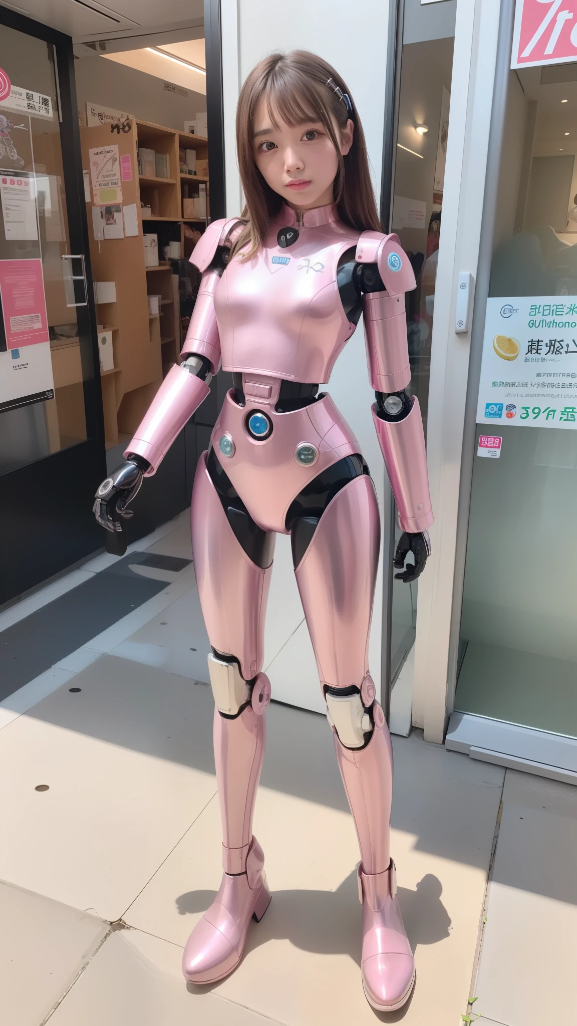 Robot Girl, pink there, Silver, Metallic body, Robot Parts, Metal Parts, Super Detailed Face, Super well-formed face, of the highest quality, a small face, a small head, Brown hair, Slender body, Camera gaze, Internal Mechanical Exposure, Idol, front facing, Well-proportioned body, sale, Exhibited, Event Hall, Moe Pose, pink metallic Lolita dress machine armor, Standing with legs open, Model body type, sad, Embarrassing,(Perfect Robot Girl),(Perfect machine body)
