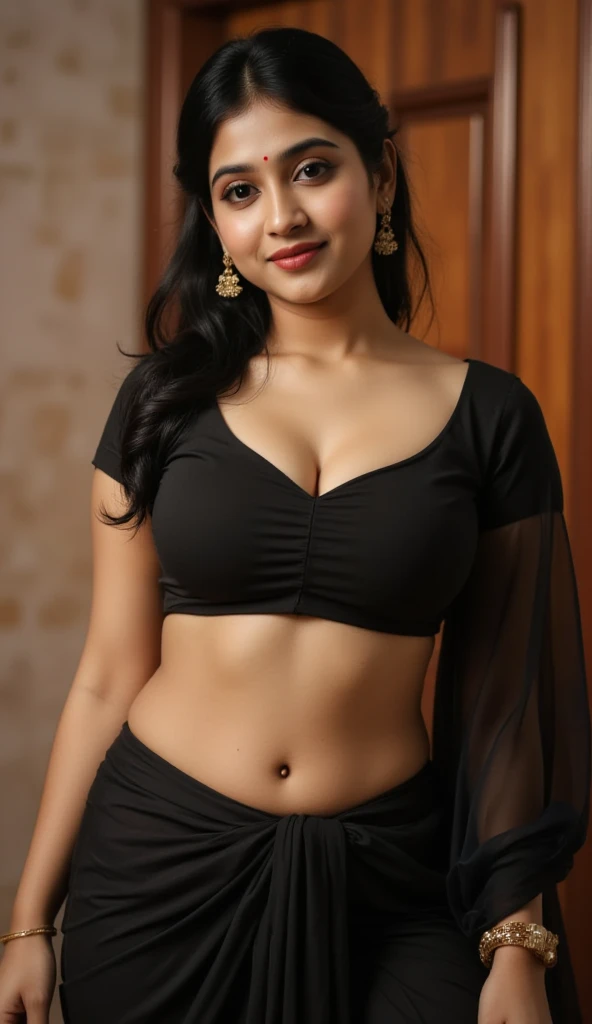 A beautiful Indian 25 year old aunty without any blouse or saree. Her saree colour is black and red. Her breast size is 1.2 and thick thighs. Saree of aunty is in a boy hand whose name is akash and aunty trying to sex with akash